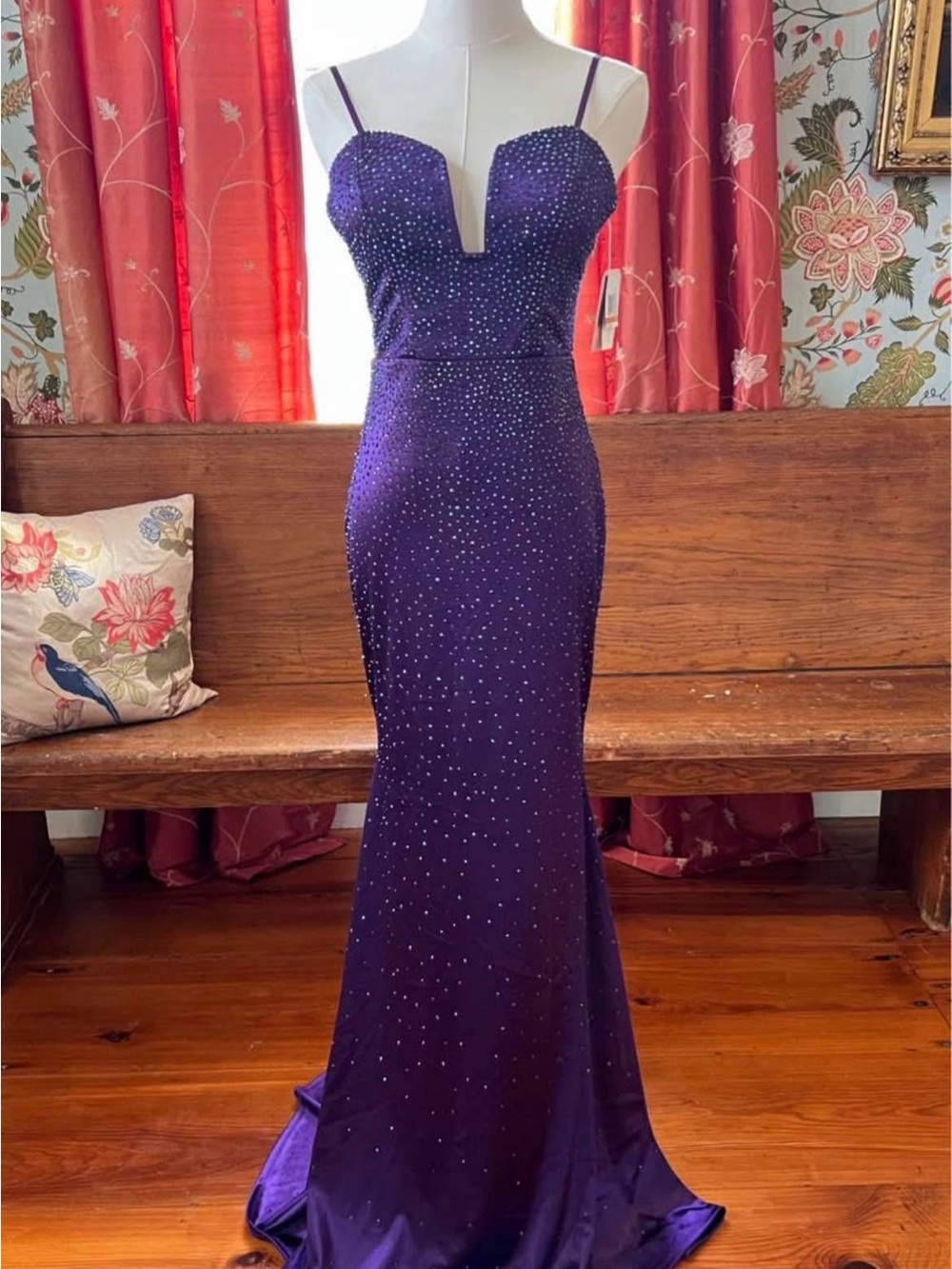 New with Tags Size 3/4 Beaded Purple Spaghetti-Strap Prom Gown